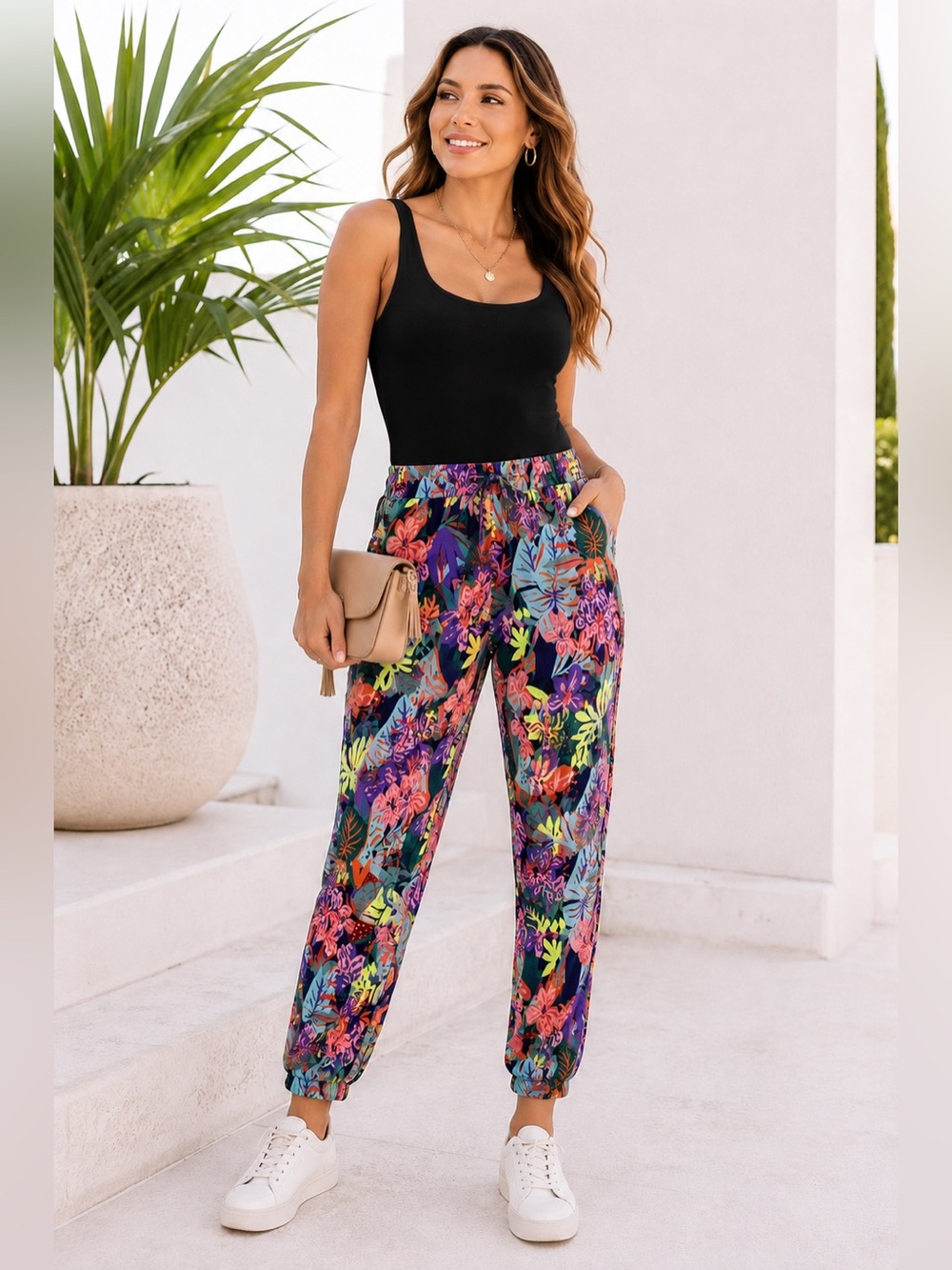 CAbi Tropical Floral Jogger Pants Small Pull On Cargo Pocket Ankle Pants